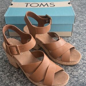 TOMS Tan Leather Cork Wedge Sandals with Ankle Buckle